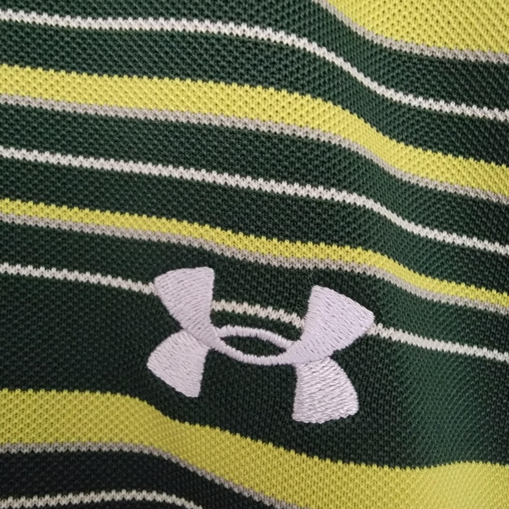 Under Armour Polo Shirt Mens Large Green Yellow Striped Performance Golf Logo - Picture 4 of 11